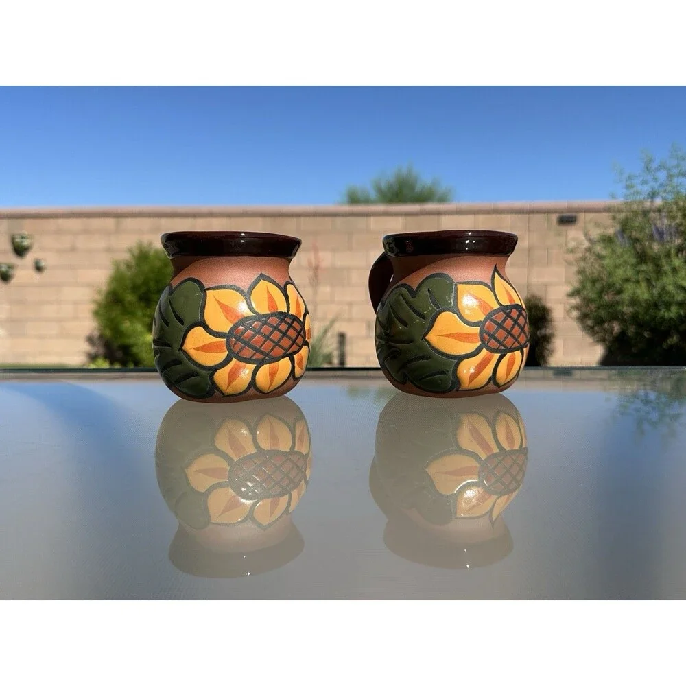 2 Mexican Clay Pottery Coffee Mug Hand Painted Jarrito Barro Sunflower Glaze